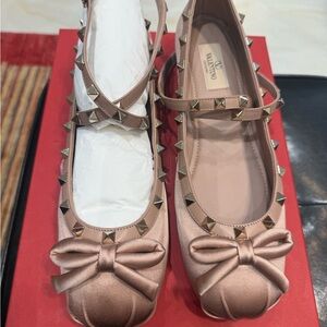 Valentino Blush Satin Bow Rockstud Mary Jane Flats